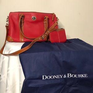 Red Satchel with Brown Leather Trim
